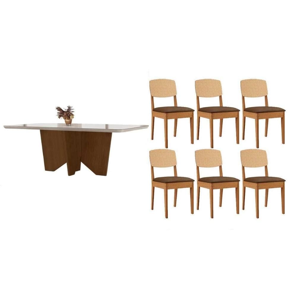 Conjunto Sala de Jantar Nevada c/ Tampo Madeirado c/ Vidro Canto Curvo 180x90cm e 6 Cadeiras Havana Premium Naturale/Off White - Capuccino/Suede Marro