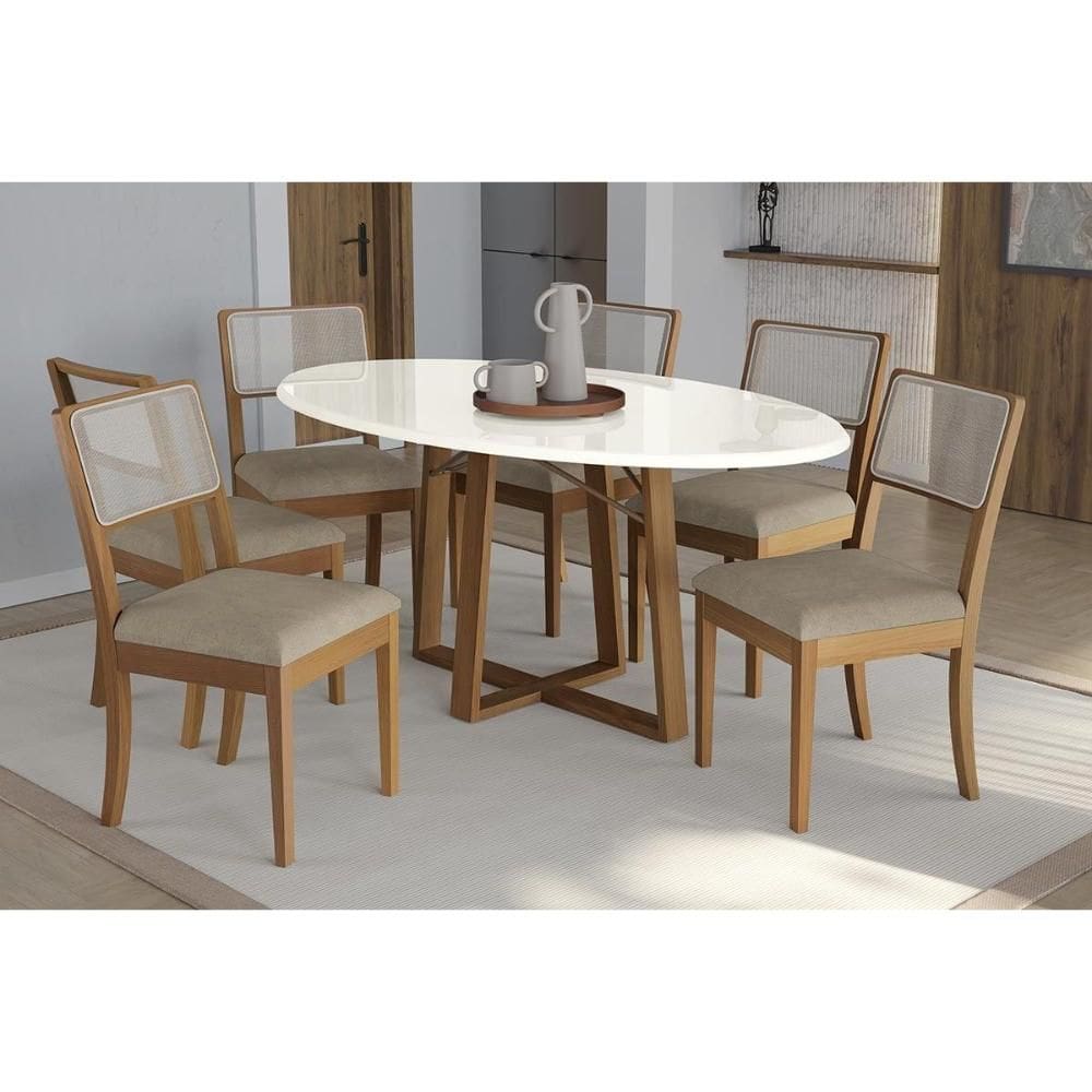 Conjunto Sala de Jantar Elma Premium Madeira Maciça c/ Tampo Madeirado c/ Vidro 180x105cm e 6 Cadeiras Lola Carvalho/Off White - Boucle Bege Fendi-Kap
