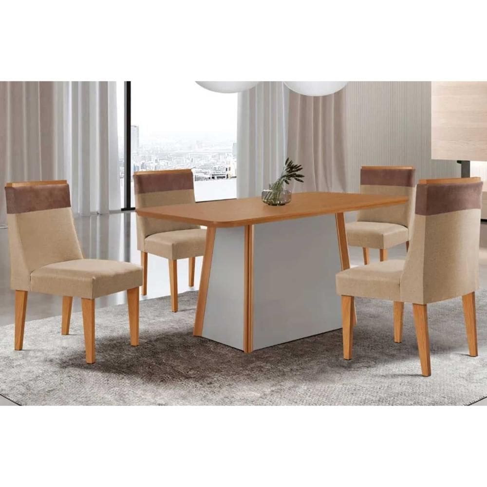 Sala de Jantar Completa Tilia c/ Tampo Madeirado Canto Curvo 120x80cm e 4 Cadeiras Jaspe Naturale/Off White - Linho Bege - Rufato