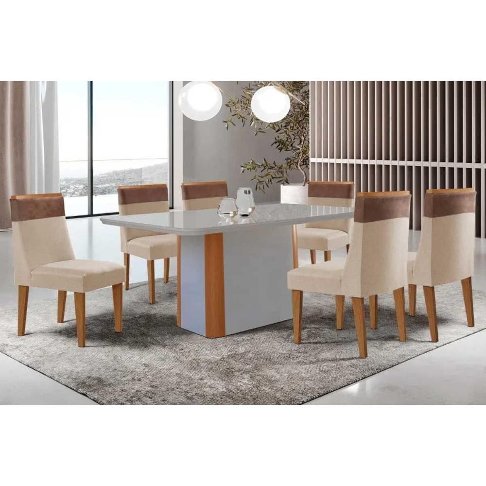 Conjunto Sala de Jantar Pietá c/ Tampo Madeirado c/ Vidro Canto Curvo 180x90cm e 6 Cadeiras Jaspe Madeira Maciça Naturale/Off White - Capuccino/Suede