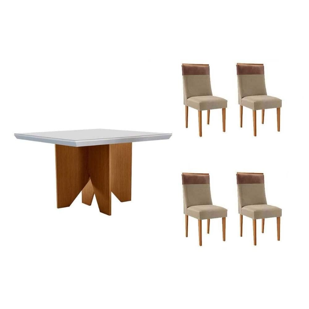 Conjunto Sala de Jantar Nevada c/ Tampo Madeirado c/ Vidro Canto Curvo 90x90cm e 4 Cadeiras Jaspe Madeira Maciça Naturale/Off White - Capuccino/Linho