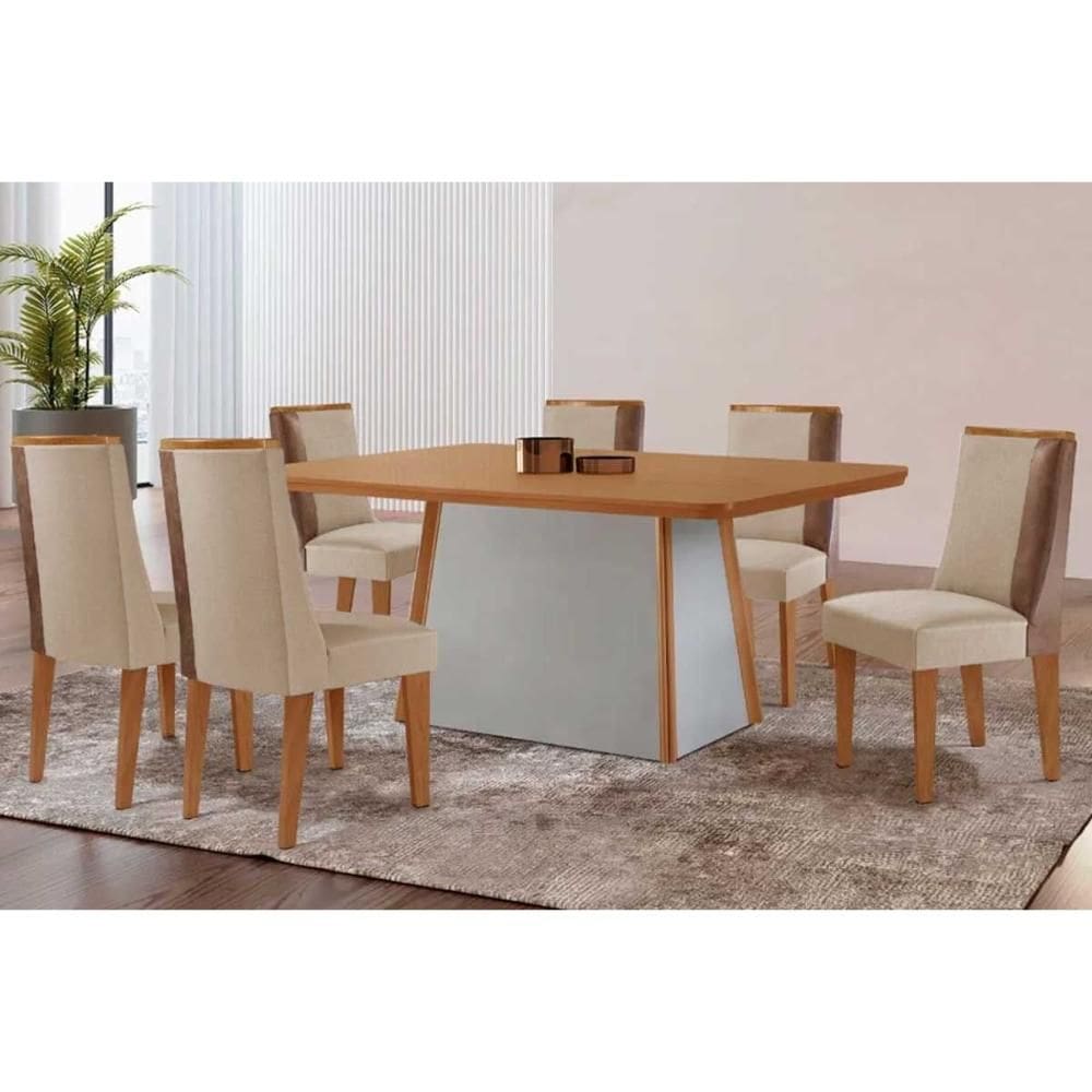 Sala de Jantar Completa Tilia c/ Tampo Madeirado Canto Curvo 180x90cm e 6 Cadeiras Tilia Naturale/Off White - Suede Creme - Rufato