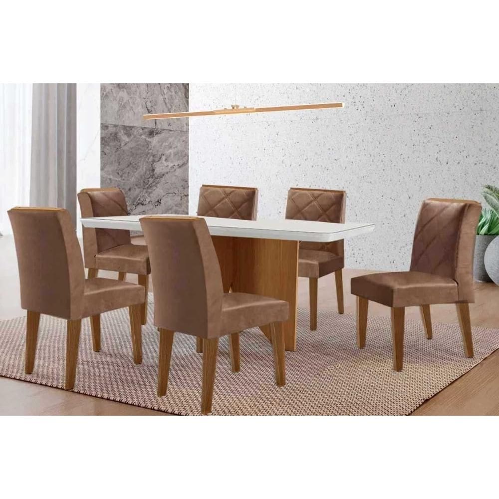 Conjunto Sala de Jantar Nevada c/ Tampo Madeirado c/ Vidro Canto Curvo 180x90cm e 6 Cadeiras Pietá Madeira Maciça Naturale/Off White - Capuccino/Coran