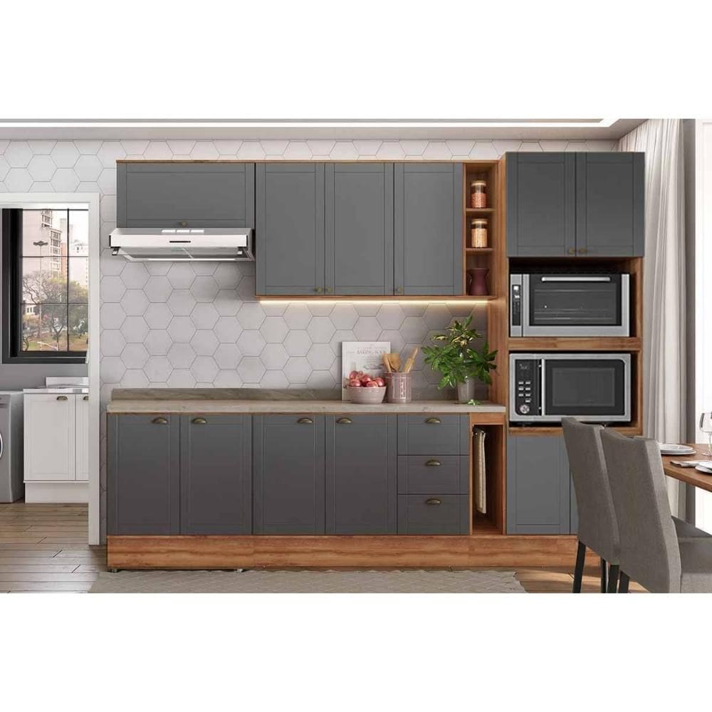 Cozinha Completa Bella 8 Peças (2Aéreos+2Balcões+1TorreQuente+3Complementos) C8P28 Nogal/Cinza - Carraro
