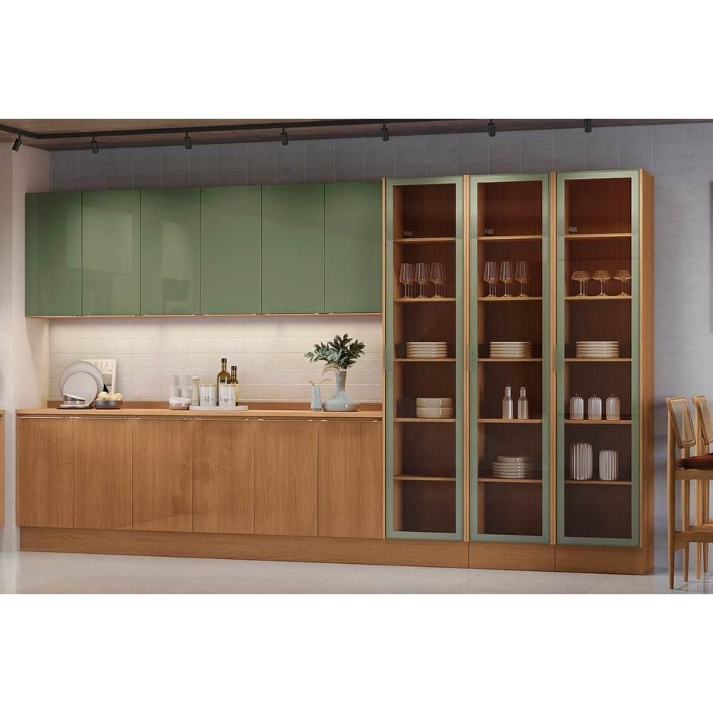 Cozinha Completa Vibra 12 Peças (3Aéreos+3Balcões+3Paneleiros+3Complementos) C12P31 Canela/Verde Pistache Lacca - Kappesberg