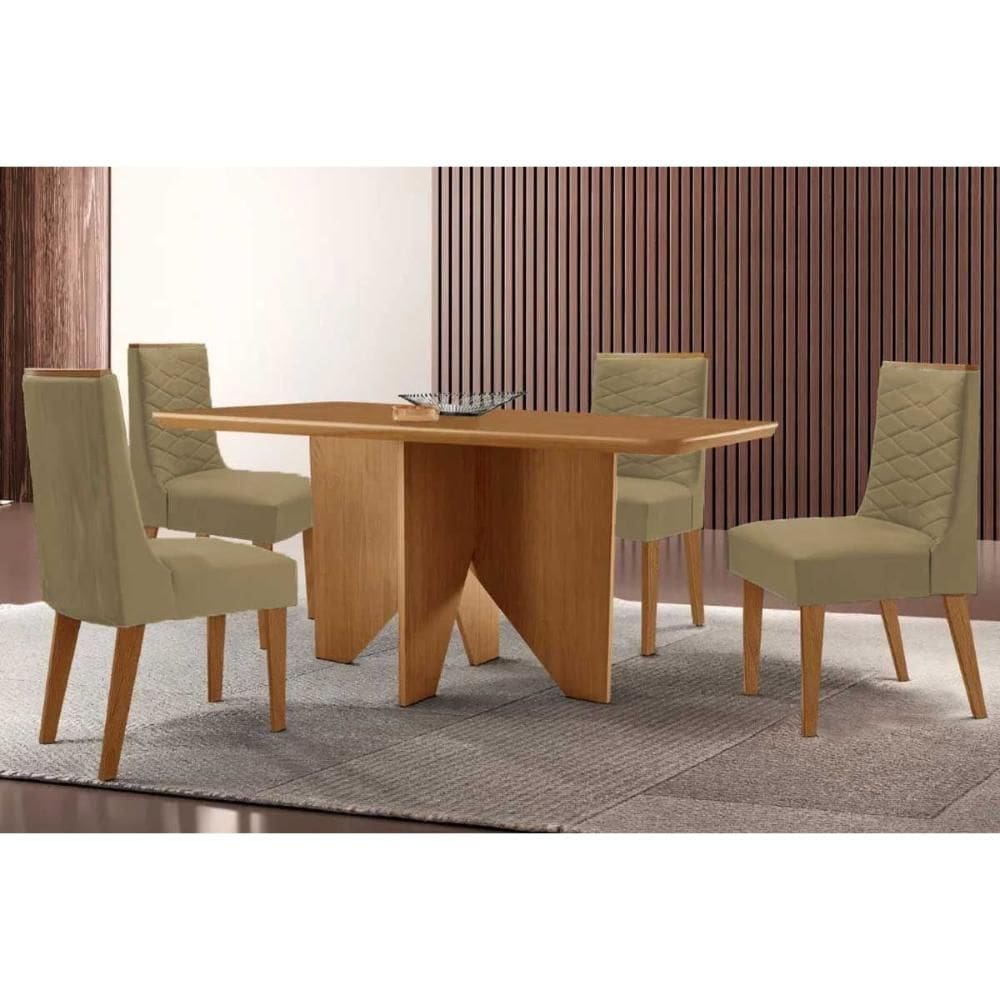 Conjunto Sala de Jantar Nevada c/ Tampo Madeirado Canto Curvo 120x80cm e 4 Cadeiras Maldivas Madeira Maciça Naturale - Capuccino/Linho Capuccino-Rufat