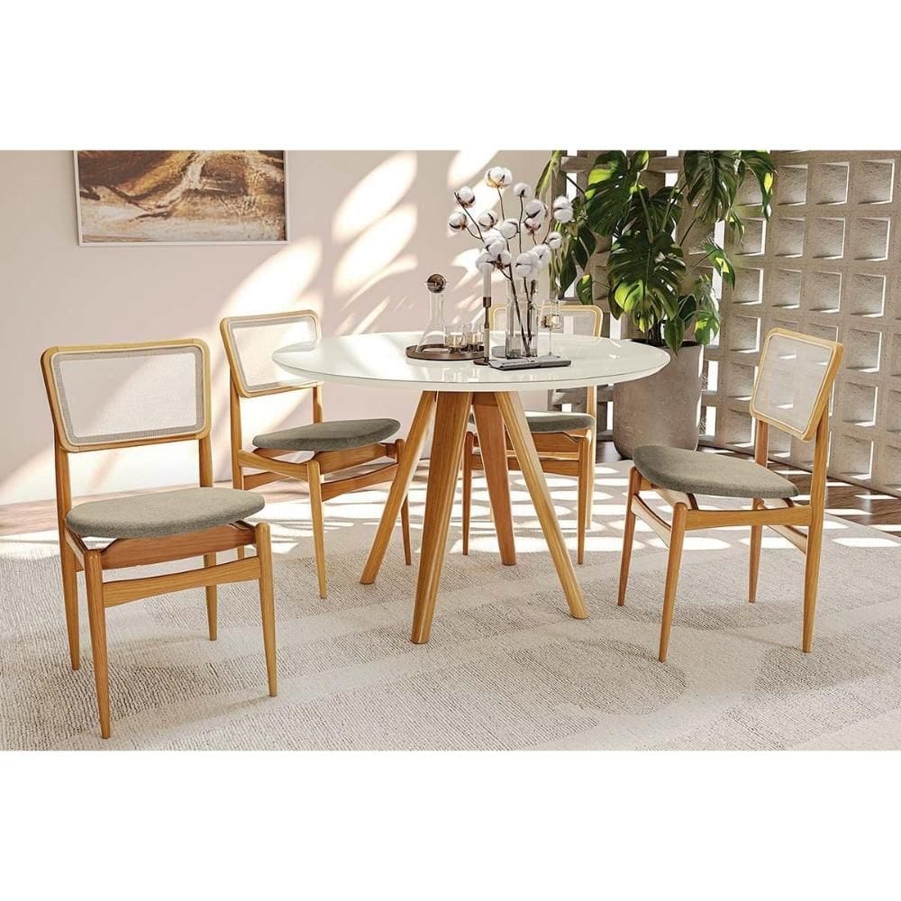 Conjunto Sala de Jantar Duna Premium Madeira Maciça c/ Tampo Madeirado c/ Vidro 120x120cm e 4 Cadeiras Stela Carvalho/Off White - Boucle Bege Fendi-Ka