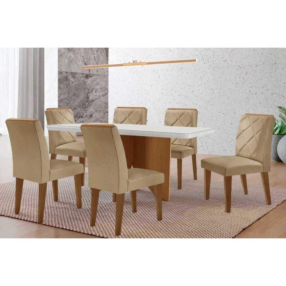 Conjunto Sala de Jantar Nevada c/ Tampo Madeirado c/ Vidro Canto Curvo 180x90cm e 6 Cadeiras Pietá Madeira Maciça Naturale/Off White - Capuccino/Linho