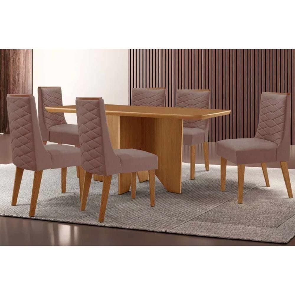 Conjunto Sala de Jantar Nevada c/ Tampo Madeirado Canto Curvo 180x90cm e 6 Cadeiras Dafne Madeira Maciça Naturale - Capuccino/Corano Capuccino-Rufato