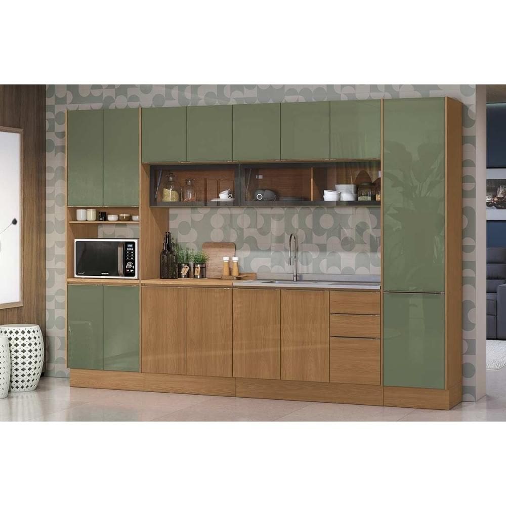 Cozinha Completa Vibra 7 Peças (2Aéreos+2Balcões+2Paneleiros+1Complemento) C7P110 Canela/Verde Pistache Lacca - Kappesberg