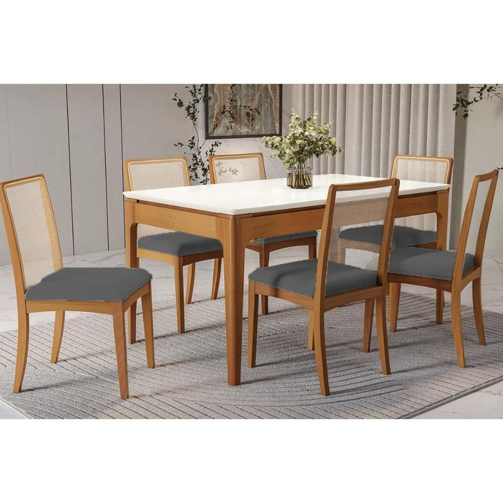 Conjunto Sala de Jantar Mira Premium Madeira Maciça c/ Tampo Madeirado c/ Vidro 160x90cm e 6 Cadeiras Lara Carvalho/Off White - Boucle Grafite-Kappesb