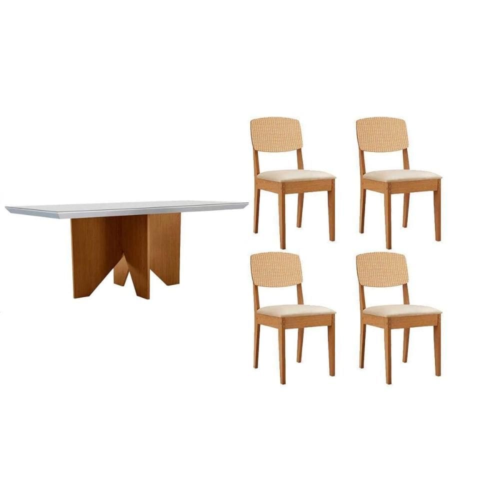 Conjunto Sala de Jantar Nevada c/ Tampo Madeirado c/ Vidro Canto Curvo 120x80cm e 4 Cadeiras Havana Premium Naturale/Off White - Capuccino/Suede Creme