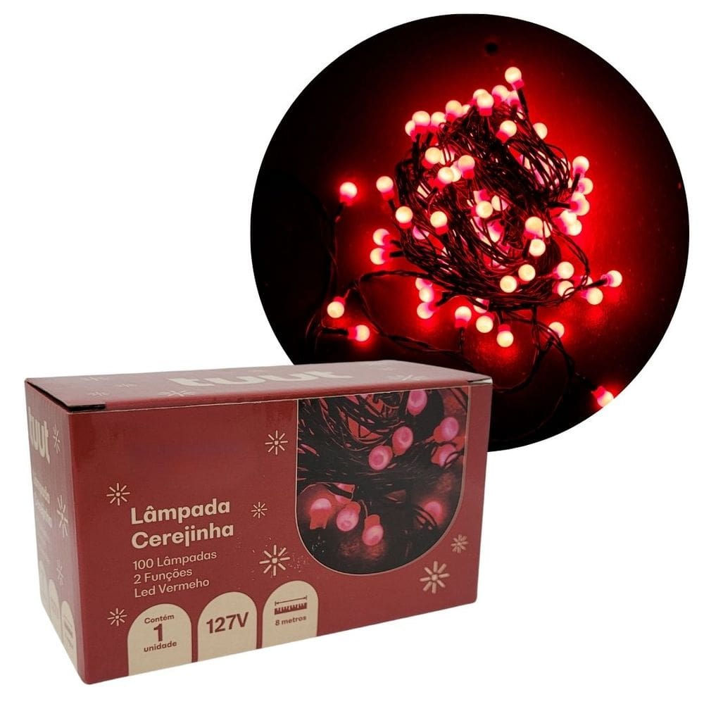 Pisca Sequencial Cerejinha Natal LED Vermelho 100 Lâmpadas 127V 8 Funções