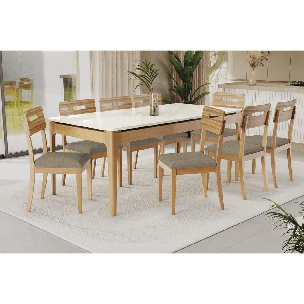 Conjunto Sala de Jantar Mira Premium Madeira Maciça c/ Tampo Madeirado c/ Vidro 200x100cm e 8 Cadeiras Lara Carvalho/Off White - Boucle Bege Fendi-Kap