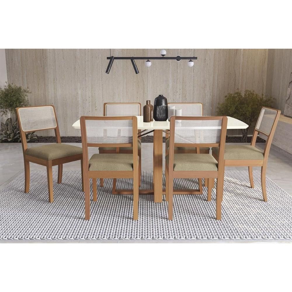 Conjunto Sala de Jantar Elma Premium Madeira Maciça c/ Tampo Madeirado c/ Vidro 170x90cm e 6 Cadeiras Lola Carvalho/Off White - Boucle Bege Fendi-Kapp