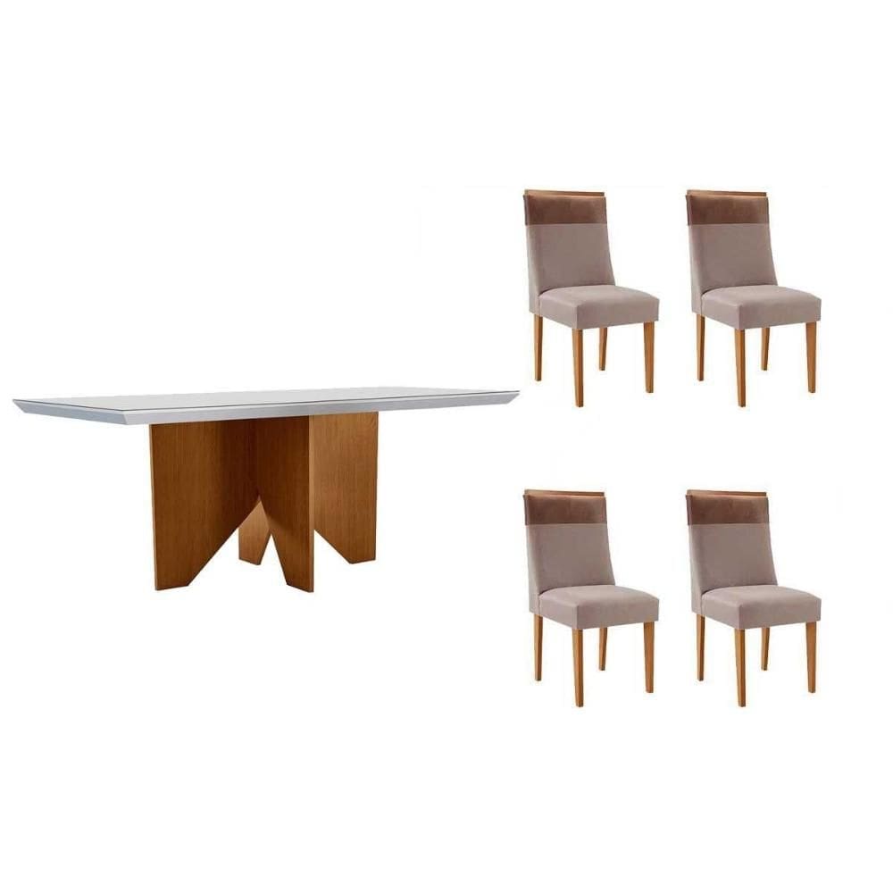Conjunto Sala de Jantar Nevada c/ Tampo Madeirado c/ Vidro Canto Curvo 120x80cm e 4 Cadeiras Jaspe Madeira Maciça Naturale/Off White - Capuccino/Linho