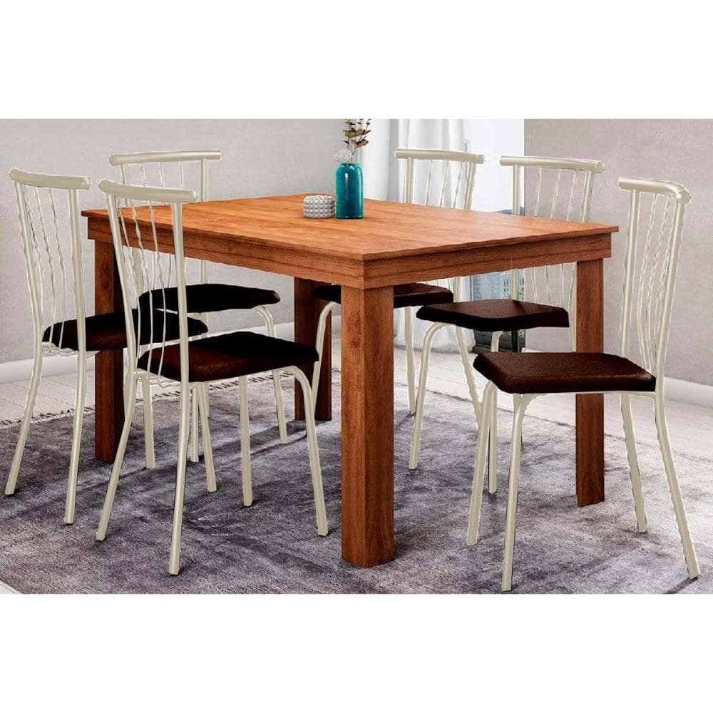 Sala de Jantar Completa 1543 c/ Tampo Madeirado 136x80cm e 6 Cadeiras 154 Prata/Corano Cacau - Carraro
