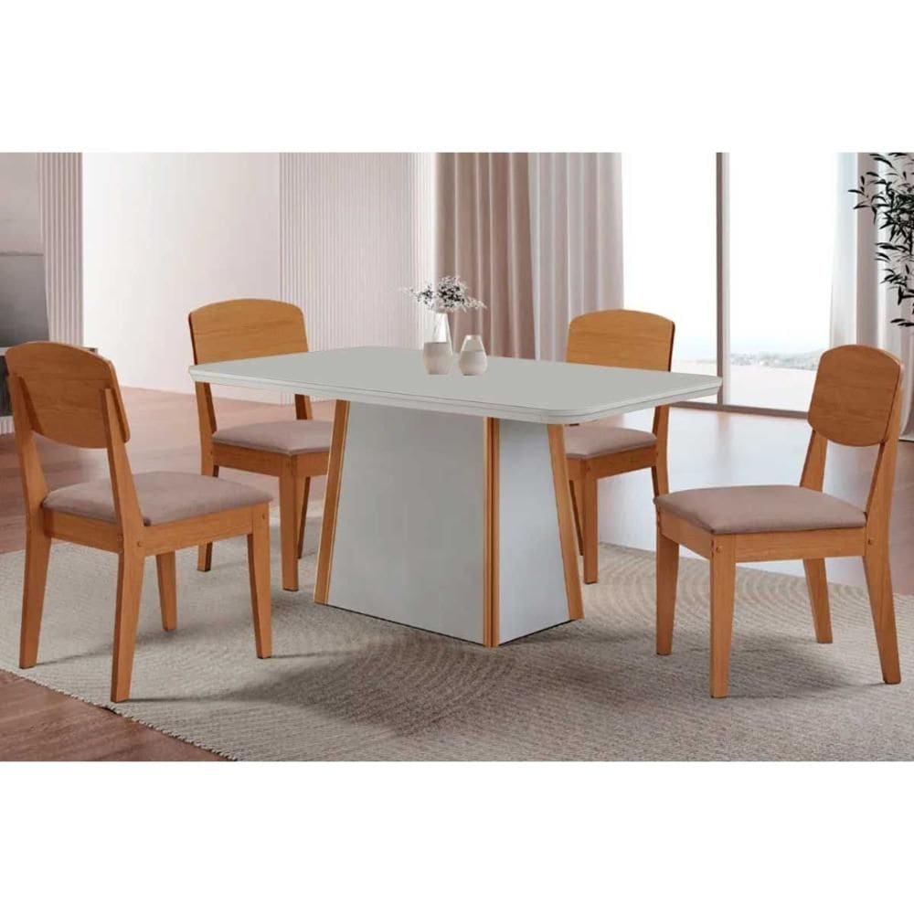 Sala de Jantar Completa Tilia c/ Tampo Madeirado c/ Vidro Canto Curvo 120x80cm e 4 Cadeiras Havana Naturale/Off White - Linho Capuccino - Rufato