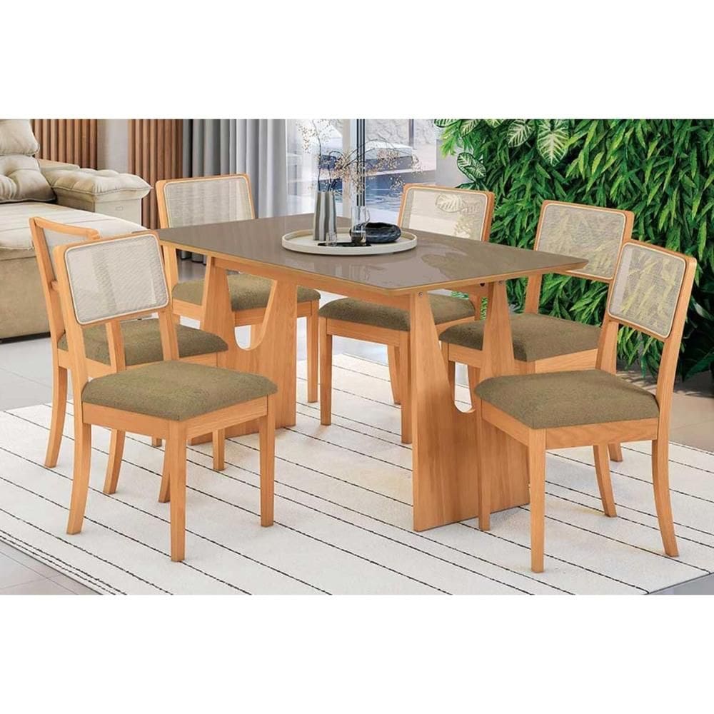 Conjunto Sala de Jantar Mila Premium Madeira Maciça c/ Tampo Madeirado c/ Vidro 160x90cm e 6 Cadeiras Lola Carvalho/Freijo Bronze - Boucle Bege Fendi-