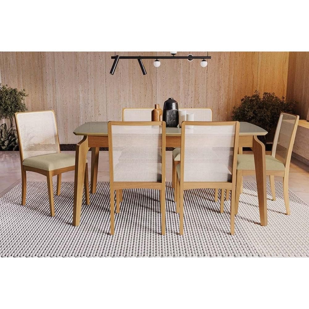 Conjunto Sala de Jantar Petra Premium Madeira Maciça c/ Tampo Madeirado c/ Vidro 170x90cm e 6 Cadeiras Lara Carvalho/Freijo Bronze - Boucle Bege-Kappe