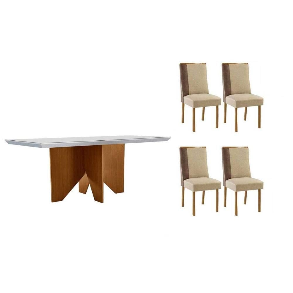 Conjunto Sala de Jantar Nevada c/ Tampo Madeirado c/ Vidro Canto Curvo 120x80cm e 4 Cadeiras Tilia Madeira Maciça Naturale/Off White - Capuccino/Linho