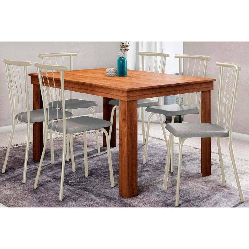 Sala de Jantar Completa 1543 c/ Tampo Madeirado 136x80cm e 6 Cadeiras 154 Prata/Corano Branco - Carraro