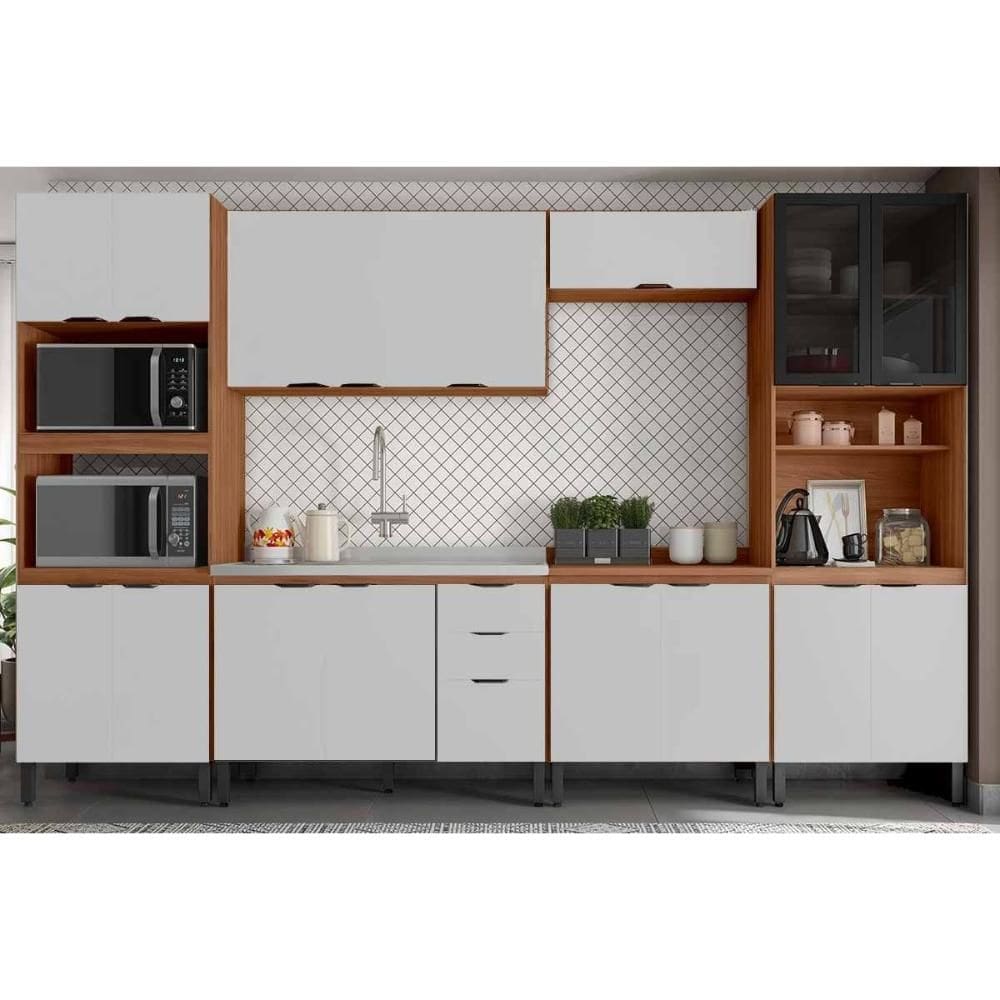 Cozinha Completa Firenze 6 Peças (2Aéreos+2Balcões+1Paneleiro+1TorreQuente) C6P127 Amendola/Nude Prime TX - Demóbile