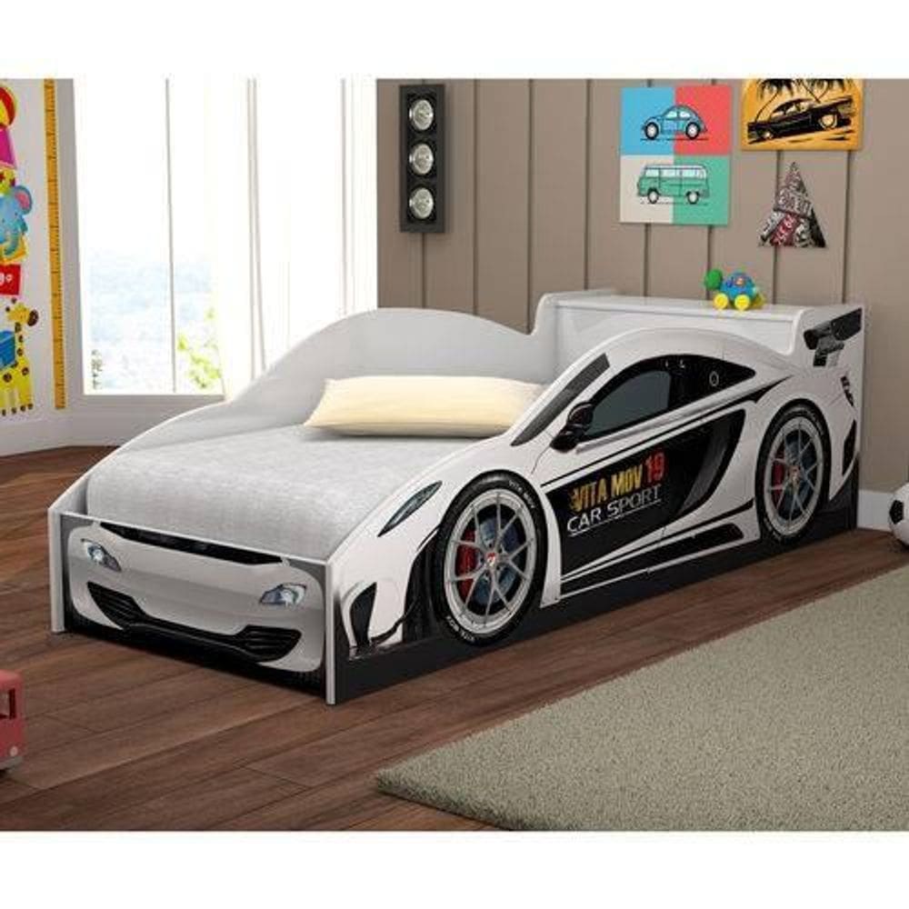 Cama Solteiro Carro de Corrida Branco Vitamov
