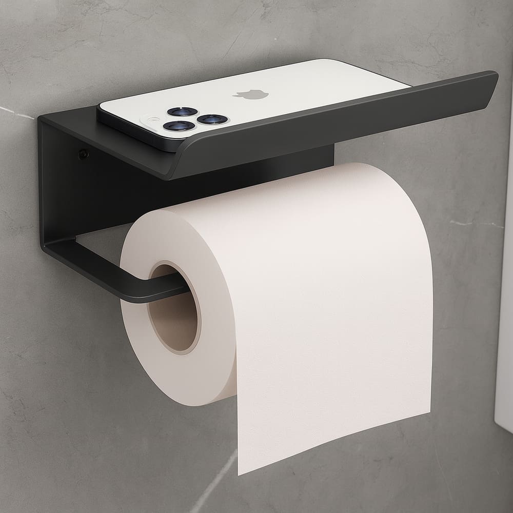 Suporte Papel Higiênico C/ Prateleira Porta Celular PRETO