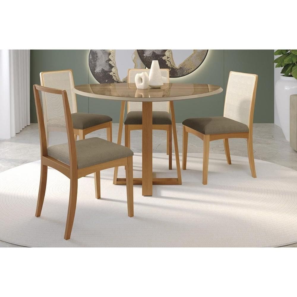 Conjunto Sala de Jantar Elma Premium Madeira Maciça c/ Tampo Madeirado c/ Vidro 135x105cm e 4 Cadeiras Lara Carvalho/Off White - Boucle Bege Fendi-Kap
