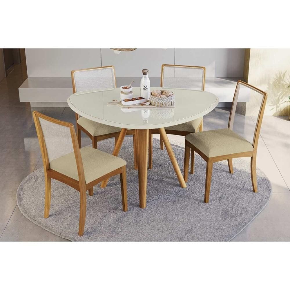 Conjunto Sala de Jantar Duna Premium Madeira Maciça c/ Tampo Madeirado c/ Vidro 135x105cm e 4 Cadeiras Lara Carvalho/Off White - Boucle Bege-Kappesber