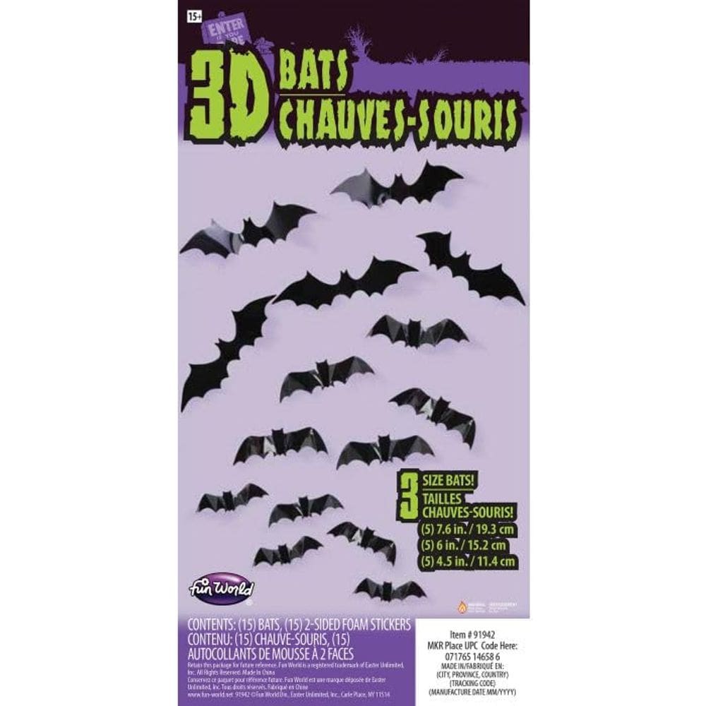 Adesivos de morcegos 3D Halloween Decor Fun World, 15 unidades