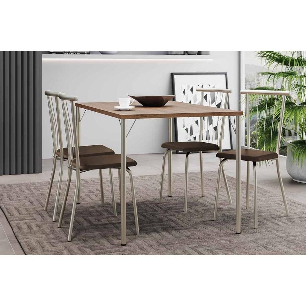 Sala de Jantar Completa 1586 Aço c/ Tampo Madeirado 120x80cm e 4 Cadeiras 154 Prata/Freijo - Prata/Corano Cacau - Carraro