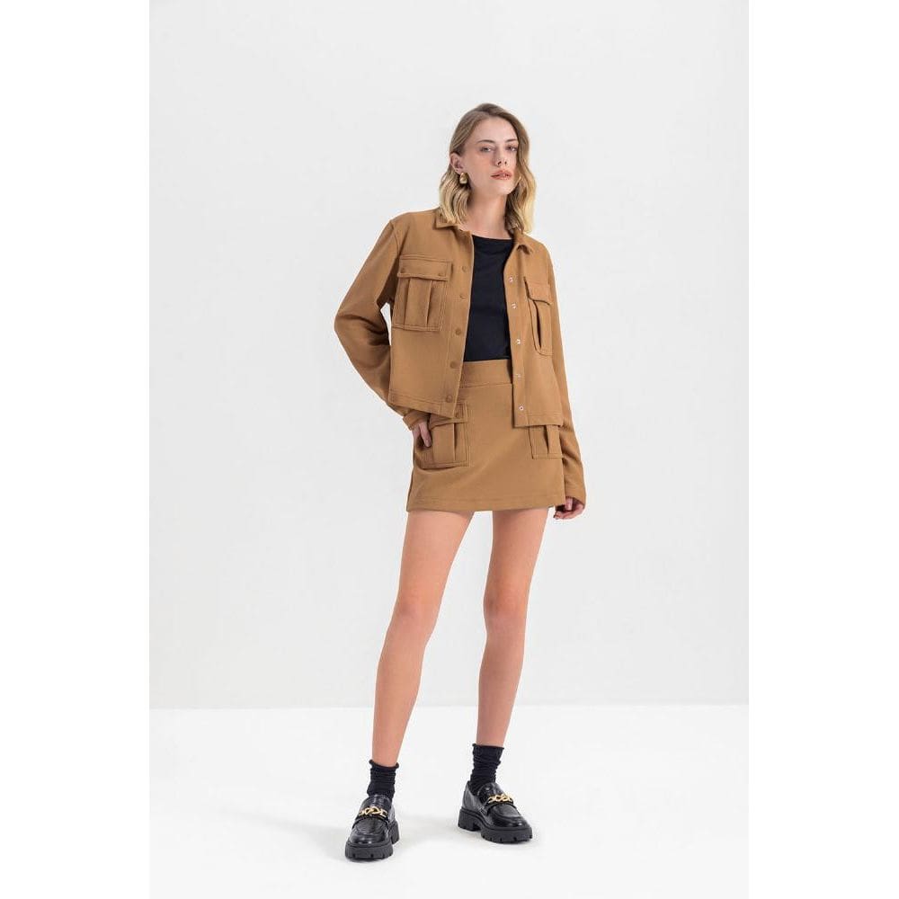 Jaqueta Feminina Com Detalhe Em Ribana Essendi Camel Médio