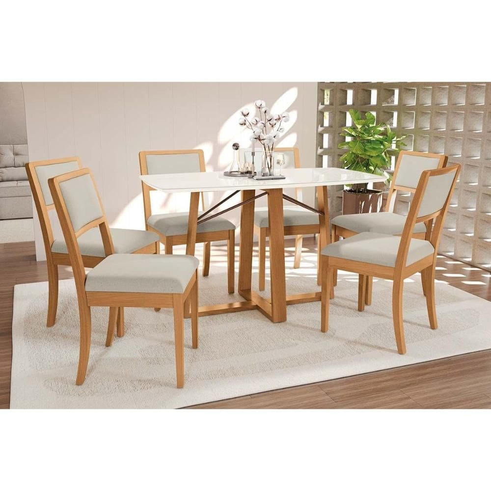 Conjunto Sala de Jantar Elma Premium Madeira Maciça c/ Tampo Madeirado c/ Vidro 170x90cm e 6 Cadeiras Alice Carvalho/Off White - Linho Bege Argila-Kap