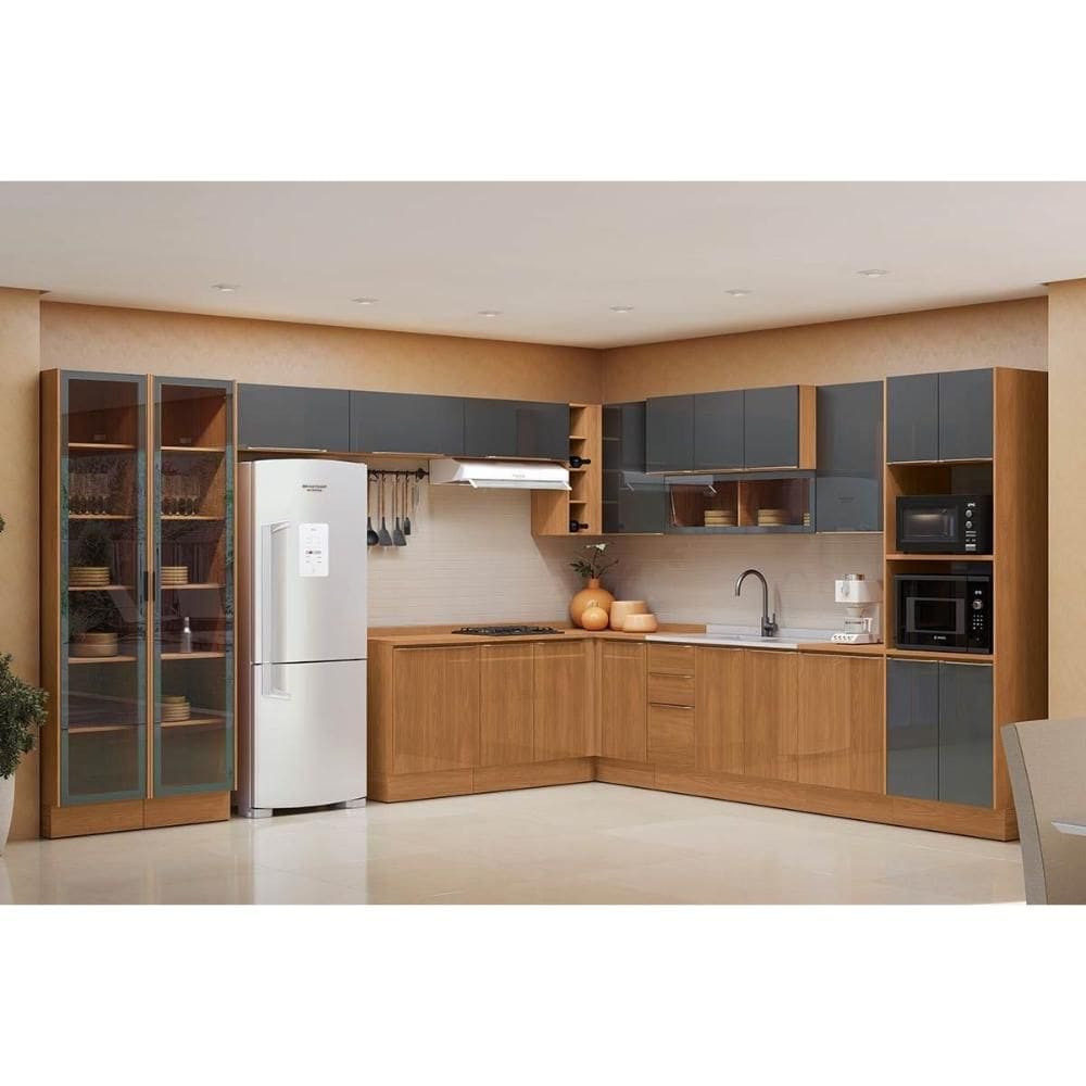 Cozinha Completa Vibra 18 Peças (6Aéreos+5Balcões+2Paneleiros+1TorreQuente+4Complementos) C18P2 Canela/Grafite Lacca - Kappesberg