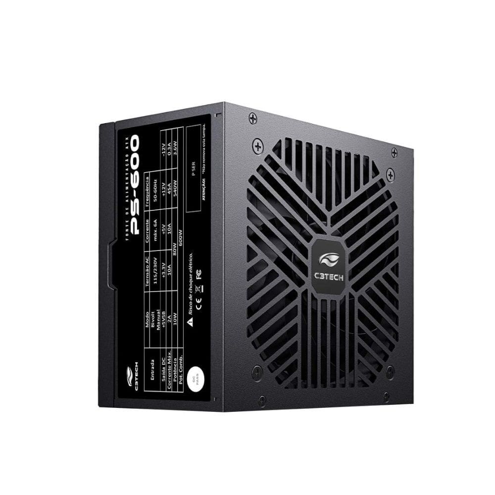 Fonte ATX Gamer C3Tech PS-600BK 600W Real, Bivolt, Ventoinha Silenciosa, Proteções OVP/UVP/SCP