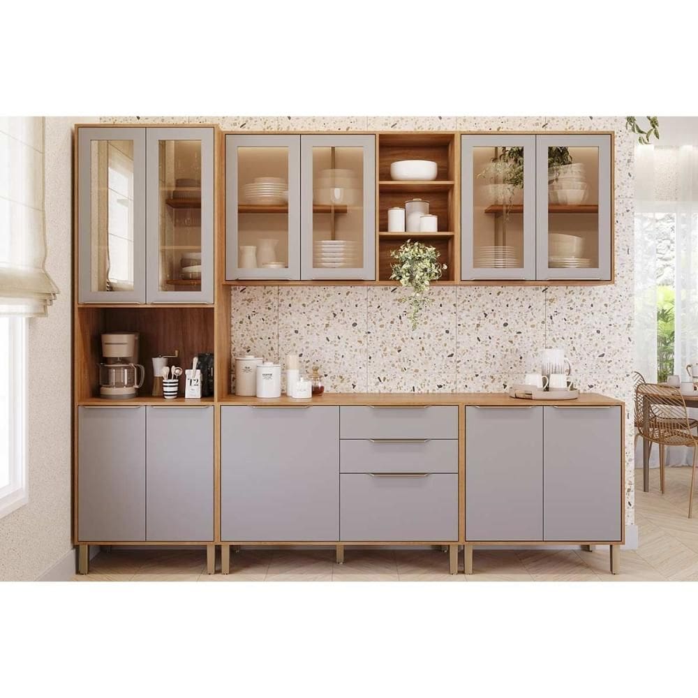 Cozinha Completa Brilhante 5 Peças (2Aéreos+2Balcões+1Paneleiro) C5P160 Cinamomo/Platina - MGM