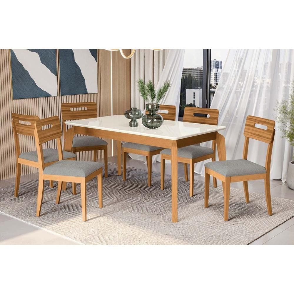 Conjunto Sala de Jantar Petra Premium Madeira Maciça c/ Tampo Madeirado c/ Vidro 160x90cm e 6 Cadeiras Lila Carvalho/Off White - Boucle Cinza-Kappesbe