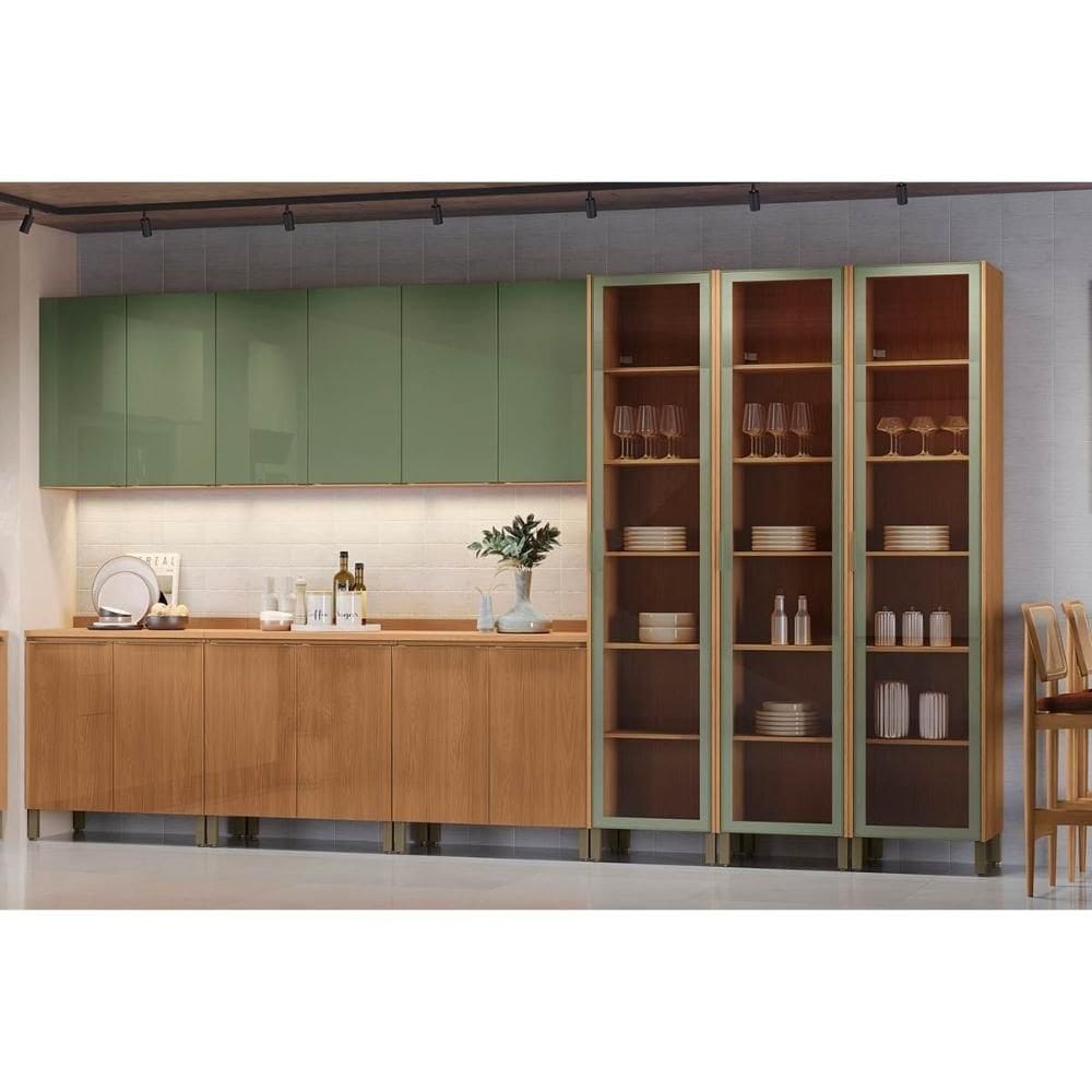 Cozinha Completa Vibra 18 Peças (3Aéreos+3Balcões+3Paneleiros+9Complementos) C18P1 Canela/Verde Pistache Lacca - Kappesberg