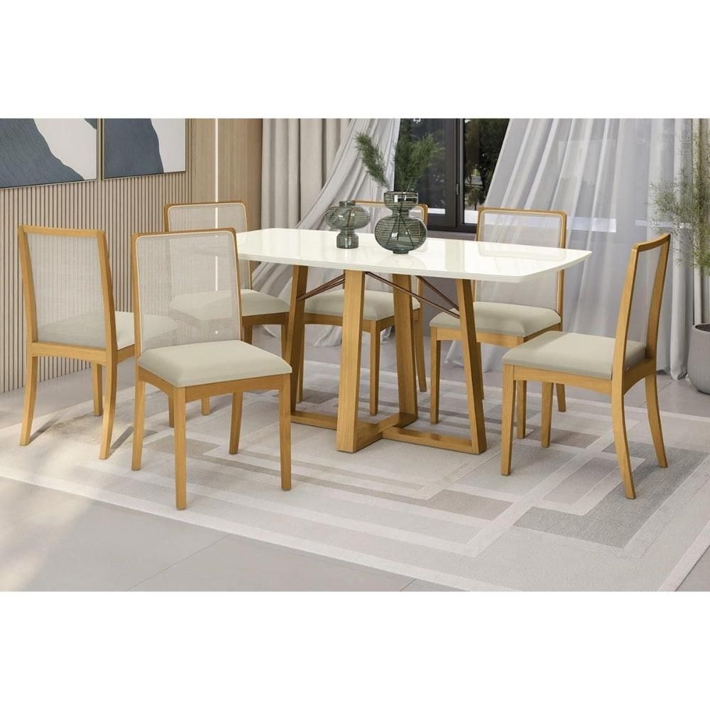 Conjunto Sala de Jantar Elma Premium Madeira Maciça c/ Tampo Madeirado c/ Vidro 170x90cm e 6 Cadeiras Lara Carvalho/Off White - Linho Bege Argila-Kapp