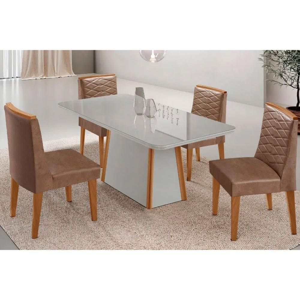 Conjunto Sala de Jantar Tilia c/ Tampo Madeirado c/ Vidro Canto Curvo 120x80cm e 4 Cadeiras Maldivas Madeira Maciça Naturale/Off White - Capuccino/Cor
