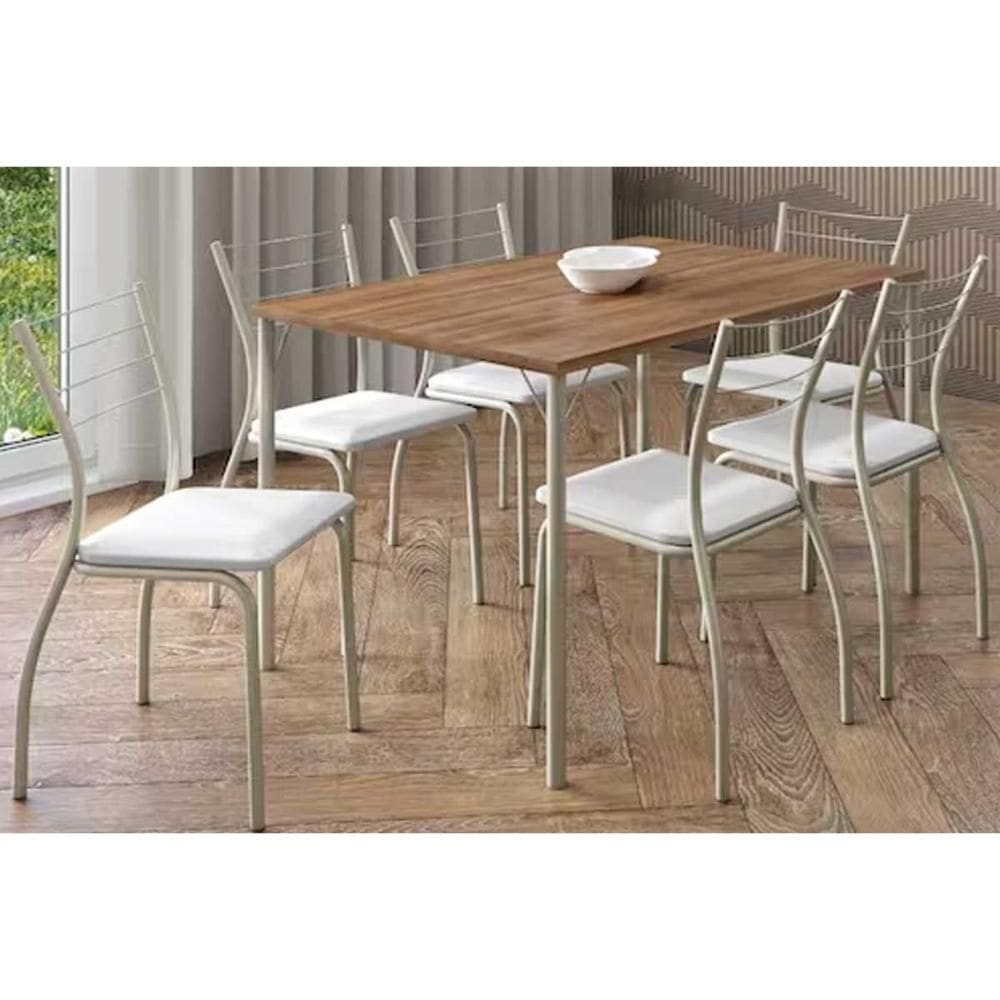 Sala de Jantar Completa 1586 Aço c/ Tampo Madeirado 120x80cm e 6 Cadeiras 1700 Prata/Freijo - Prata/Corano Branco - Carraro