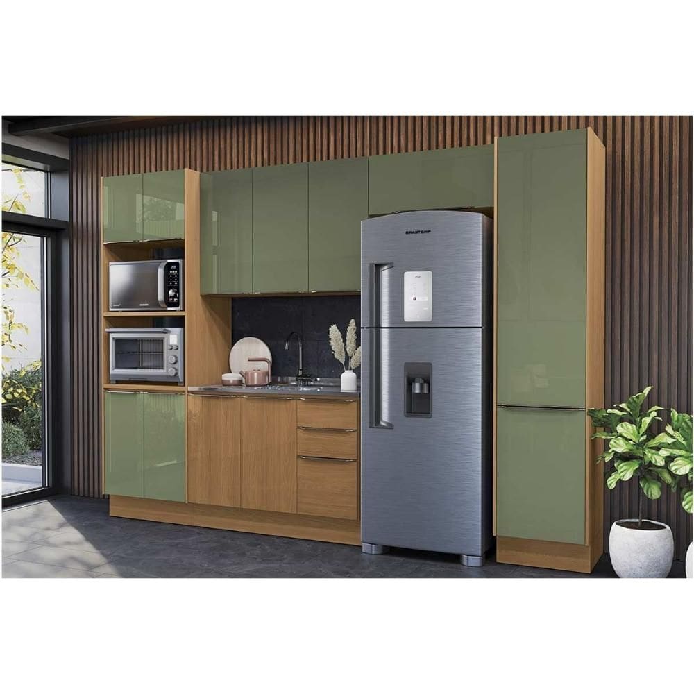 Cozinha Completa Vibra 5 Peças (2Aéreos+1Balcão+1Paneleiro+1TorreQuente) C5P159 Canela/Verde Pistache Lacca - Kappesberg