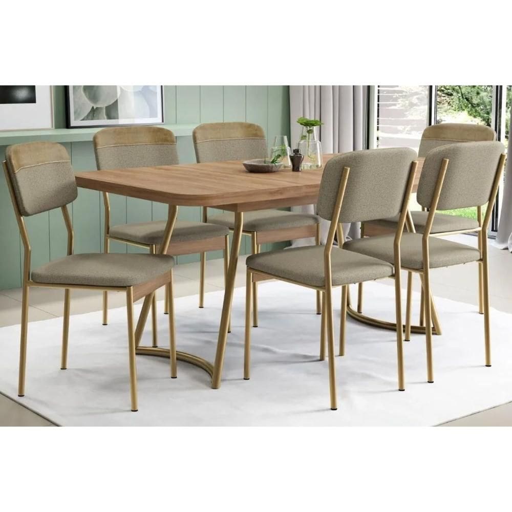 Sala de Jantar Completa Évora 1603 Aço c/ Tampo Madeirado 170x90cm e 6 Cadeiras Valle Dourado/Noce/Carvalho - Linho/CoranoBamboo - Carraro