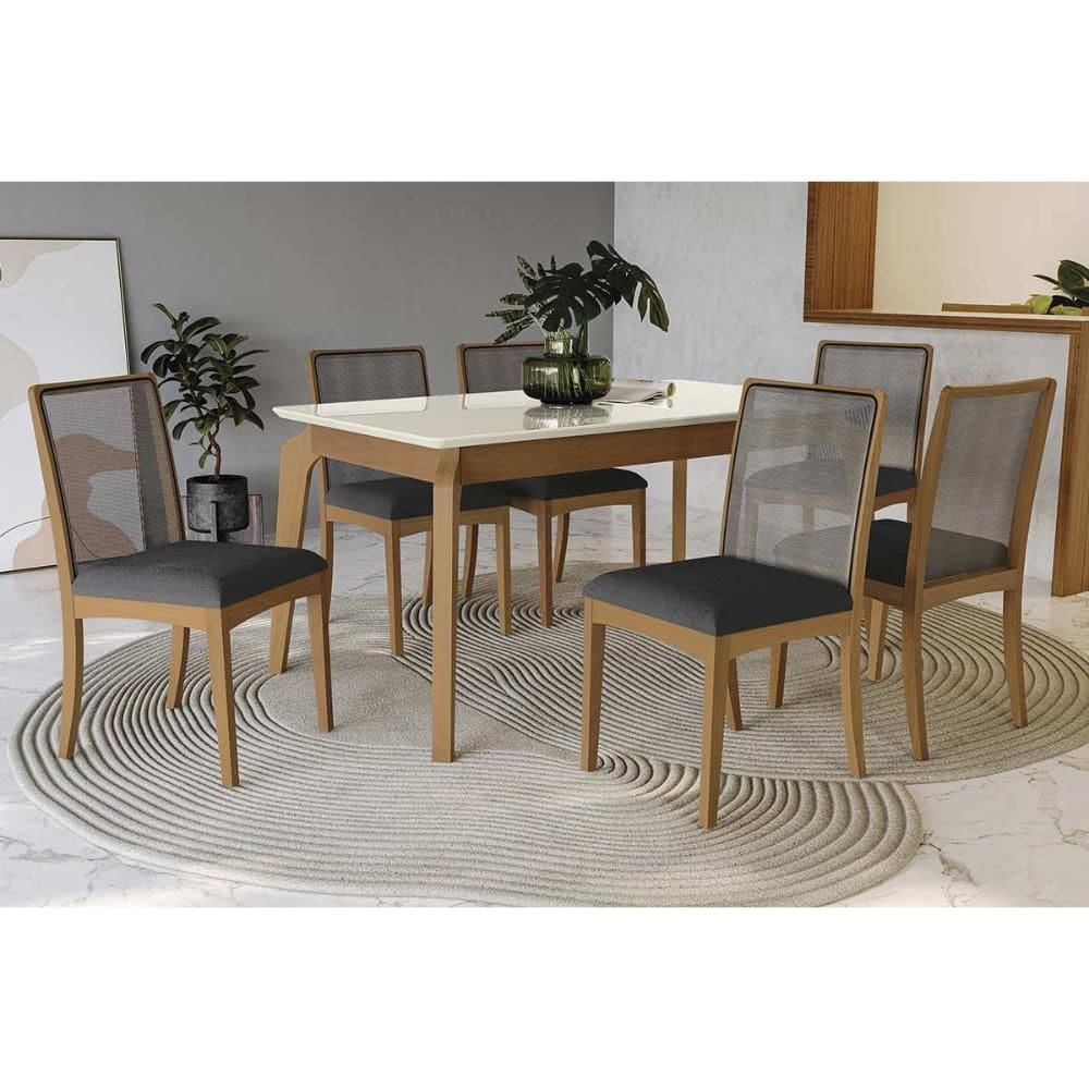 Conjunto Sala de Jantar Petra Premium Madeira Maciça c/ Tampo Madeirado c/ Vidro 160x90cm e 6 Cadeiras Lara Carvalho/Off White - Boucle Grafite-Kappes