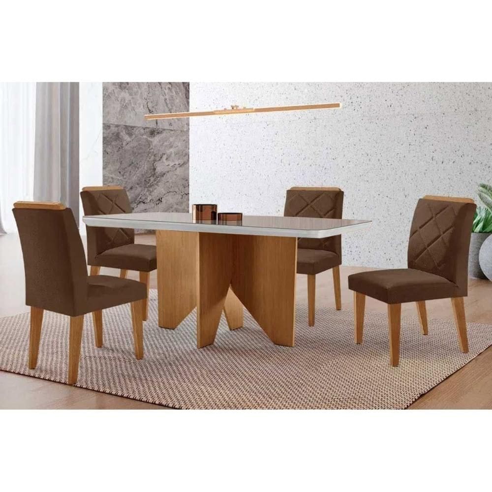 Conjunto Sala de Jantar Nevada c/ Tampo Madeirado c/ Vidro Canto Curvo 120x80cm e 4 Cadeiras Pietá Madeira Maciça Naturale/Off White - Capuccino/Suede
