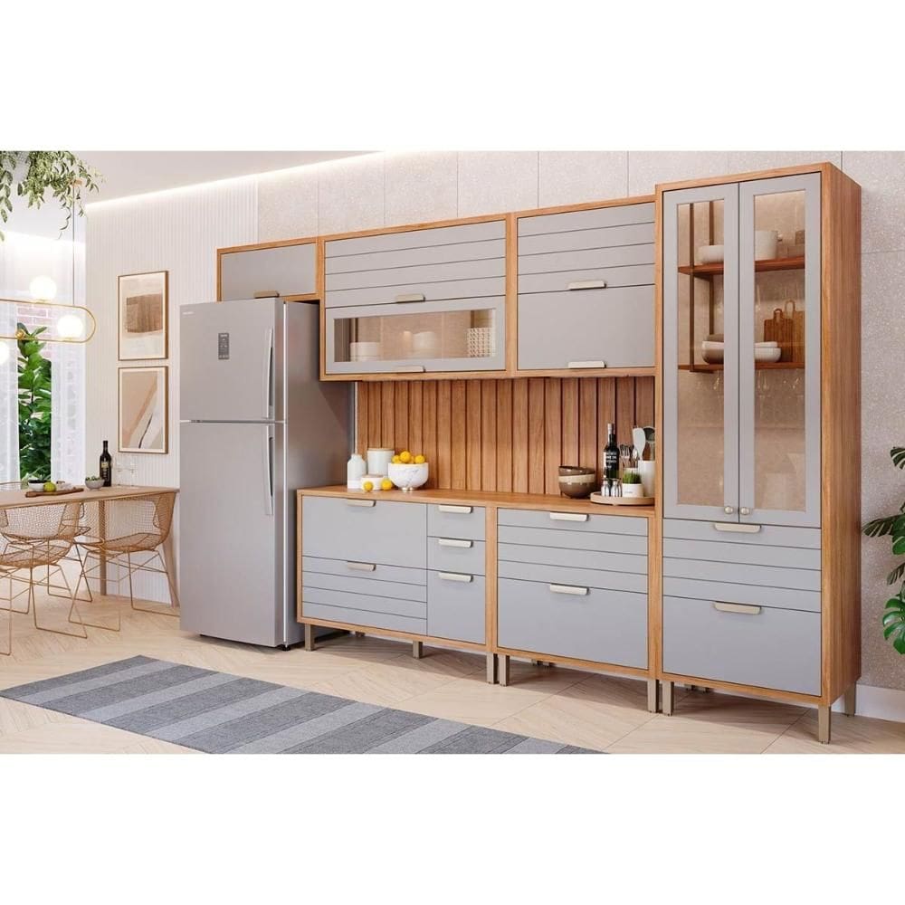 Cozinha Completa Eloise 8 Peças (3Aéreos+2Balcões+1Cristaleira+2Complementos) C8P88 Cinamomo/Platina - MGM