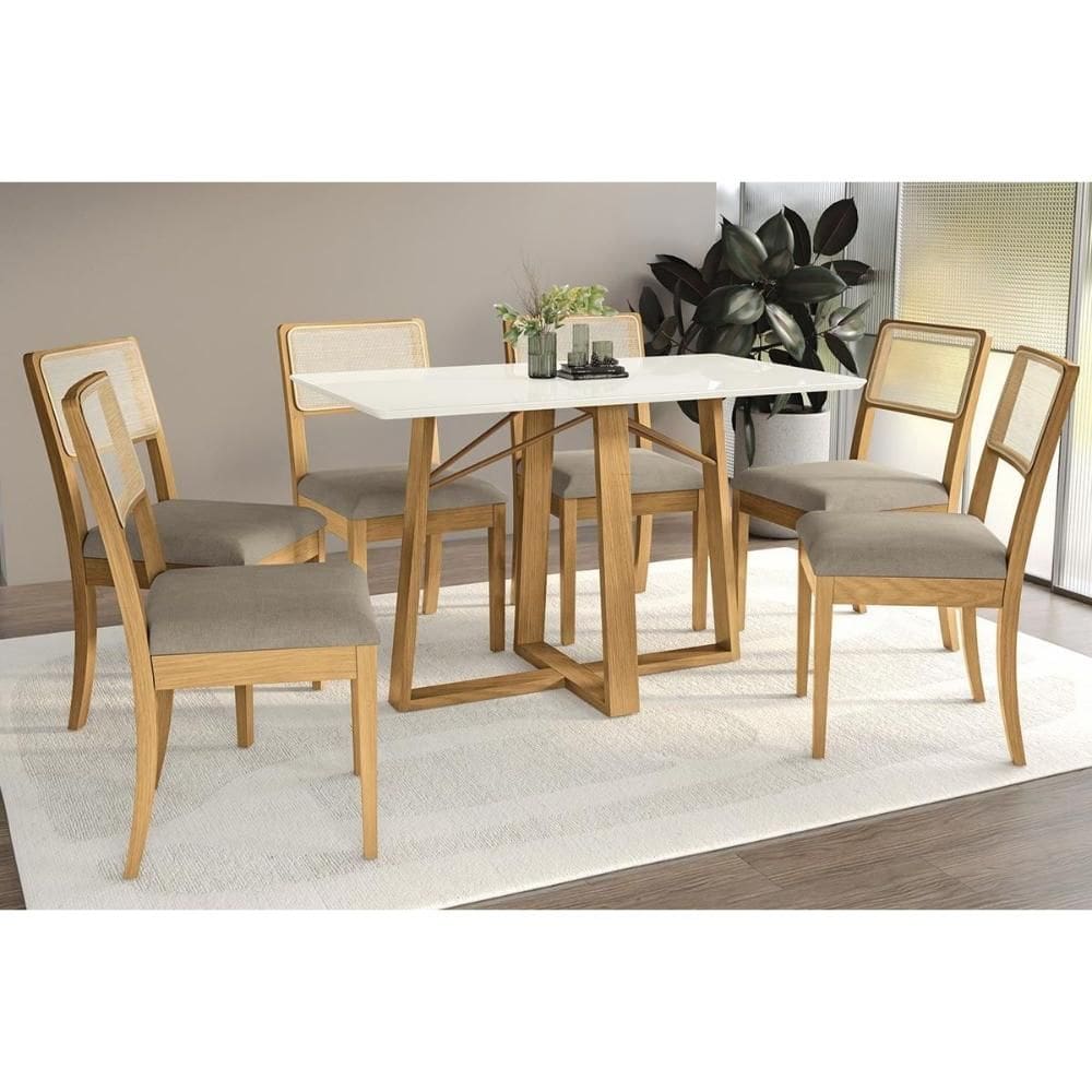 Conjunto Sala de Jantar Elma Premium Madeira Maciça c/ Tampo Madeirado c/ Vidro 160x90cm e 6 Cadeiras Lola Carvalho/Off White - Boucle Bege Fendi-Kapp