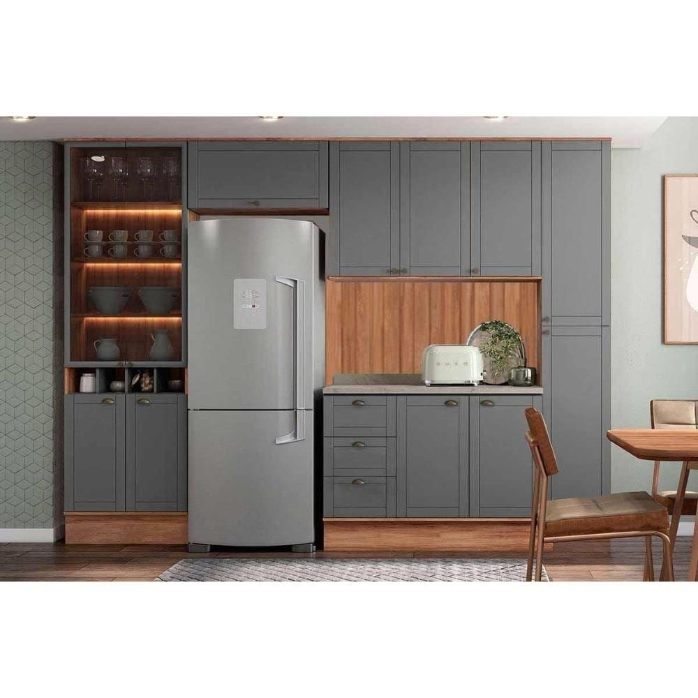 Cozinha Completa Bella 7 Peças (2Aéreos+1Balcão+1Cristaleira+1Paneleiro+2Complementos) C7P87 Nogal/Cinza - Carraro